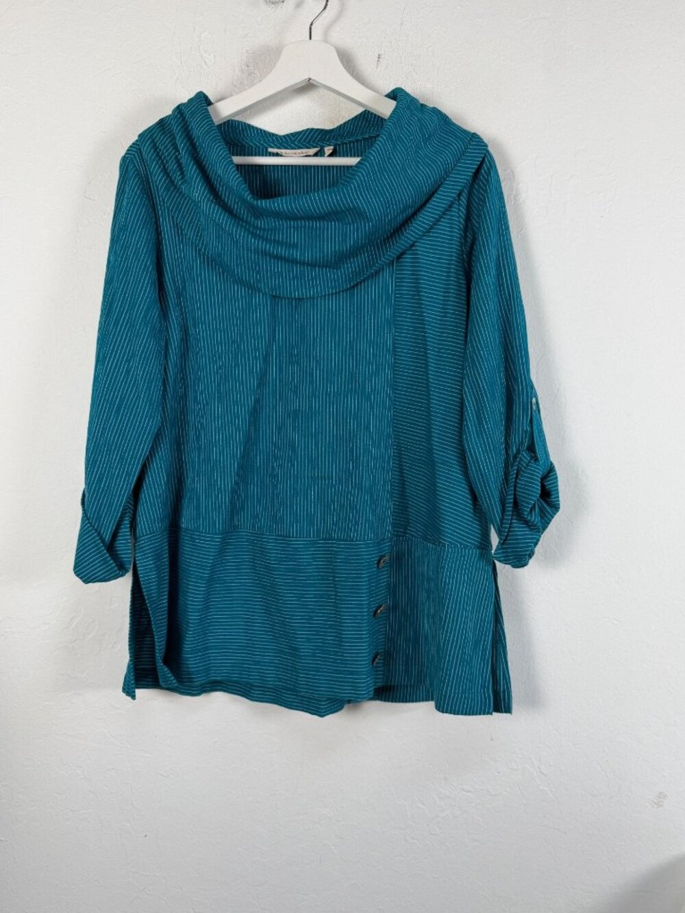 Soft Surroundings Teal Striped Cowl Neck Tunic Shirt Roll Tab Sleeve Size PM